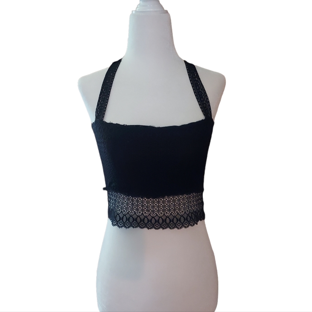 Lace Crop Top XXS Blouse Black Shirt Bralette bra undergarment sexy lace floral